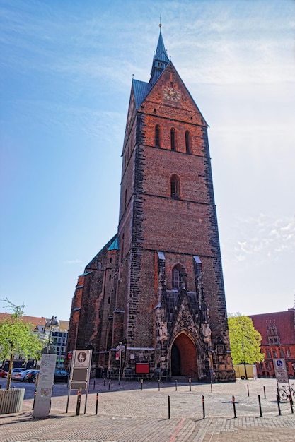 Church on Market place in the Market Square in Hanover in Germany. The church is called Marktkirche. Hannover or Hannover is a city in Lower Saxony of Germany.