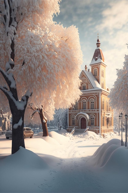 Church in the middle of a snow covered park generative ai