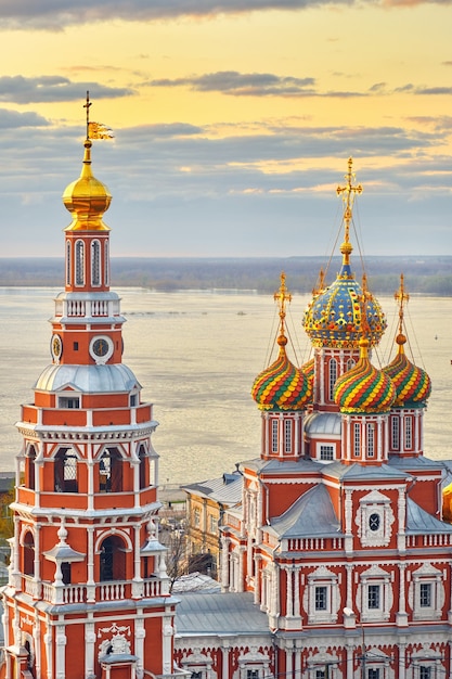 Church Of The Mother Of God Cathedral over the Volga river on sunset in spring in Nizhny Novgorod, Russia. Churches and attractions of Russia. Traveling and tourism to Russia concept.