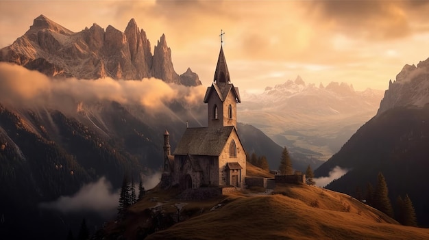 A church on a mountain with a mountain in the background