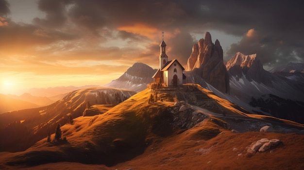 A church on a mountain with a sunset in the background