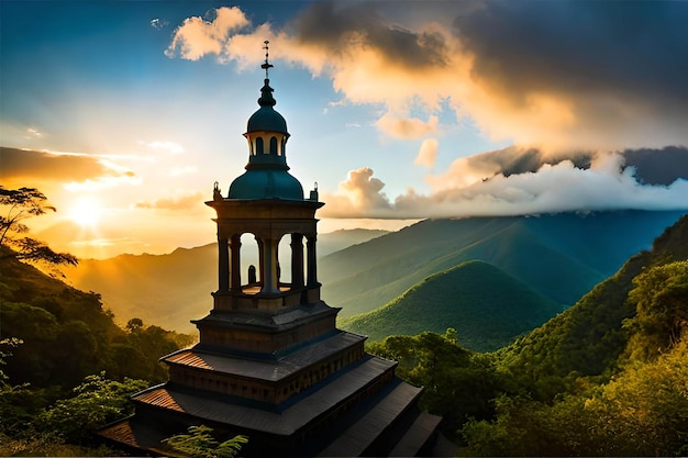 A church in the mountains with the sun setting behind it