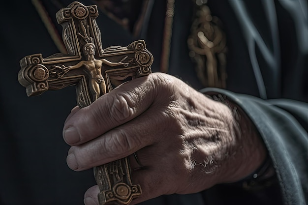 Church priest holds religious cross in hands Generative AI