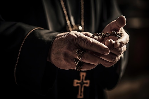 Church priest holds religious cross in hands Generative AI