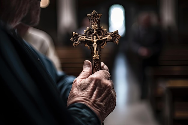 Church priest holds religious cross in hands Generative AI