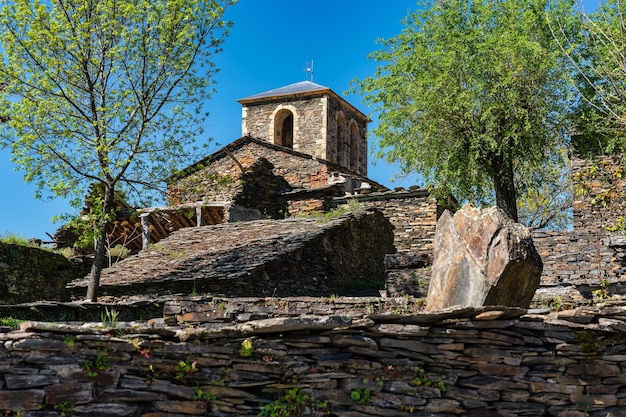 Church tower in the northern highlands of Guadalajara Campillo Ranas Spain