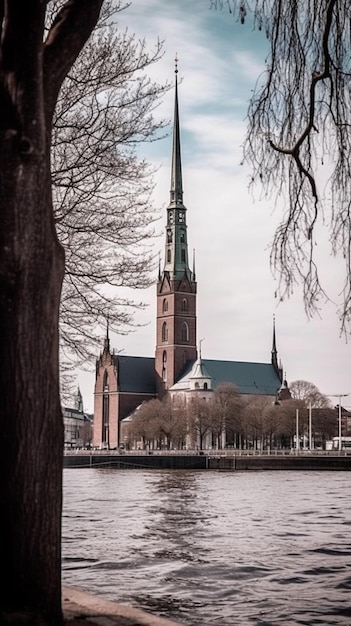 A church on the water with a tree in the foreground