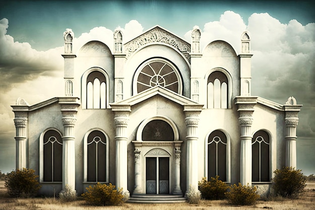 Church with arched windows and columns in white paint