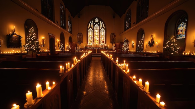 Photo a church with candles lit up in the church