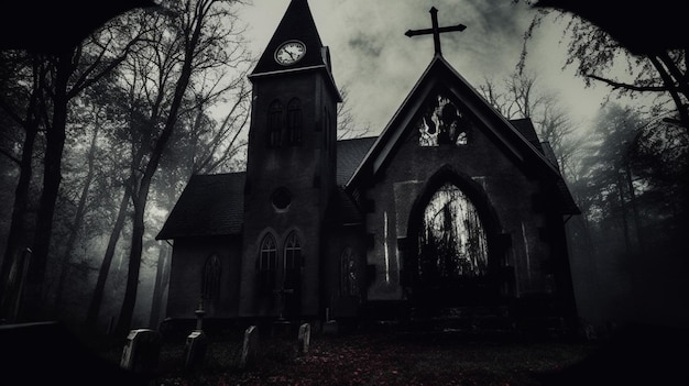 A church with a clock on the front and a graveyard with a graveyard in the background.