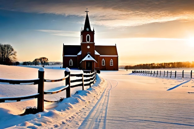 A church with a fence and snow on the ground