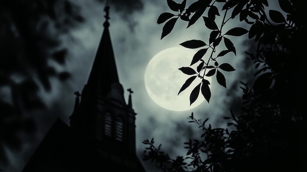 a church with a full moon behind it and a tree branch