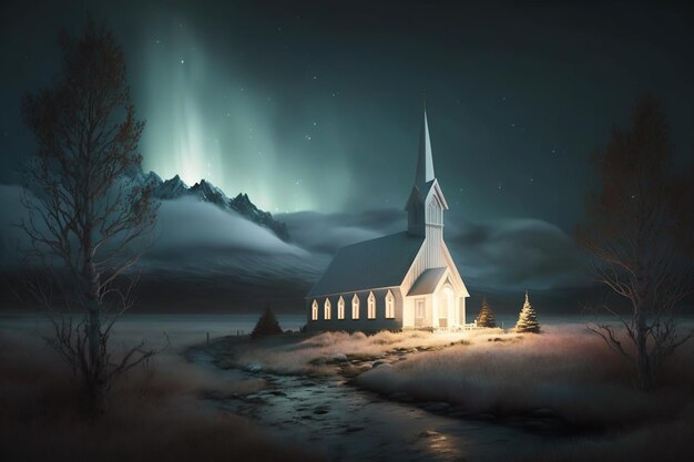 A church with a green light behind it and a snowy landscape with the northern lights behind it.