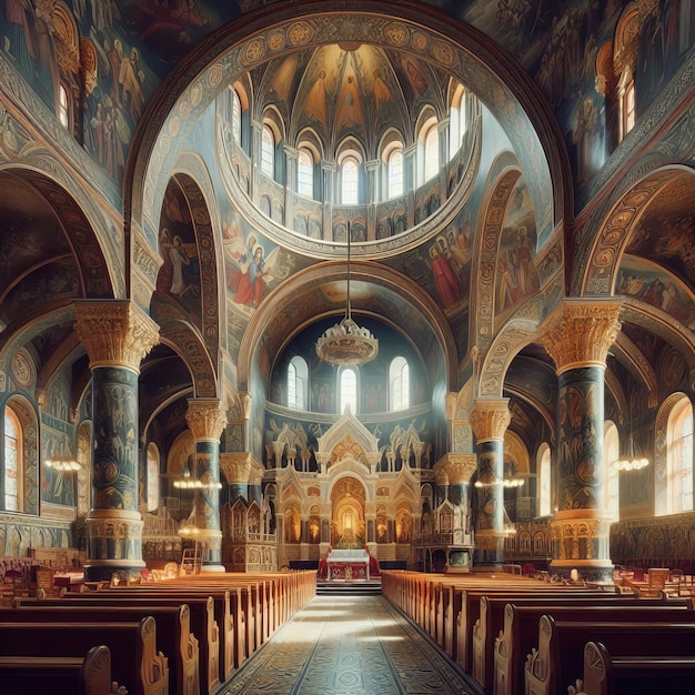 a church with a large altar and a large stained glass window