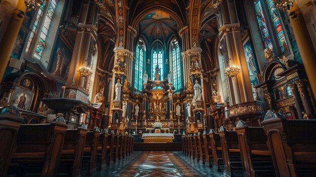 a church with a large altar and a large window in the center