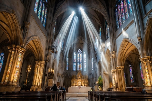 Photo a church with a large altar and a large window with the words  god  on the top