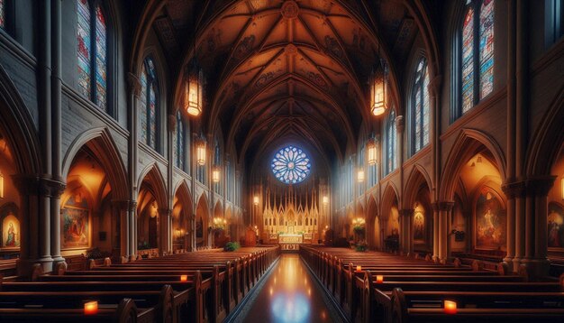 a church with a large stained glass window in the center