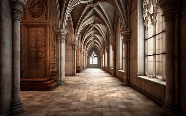 A church with a large window and a stone floor