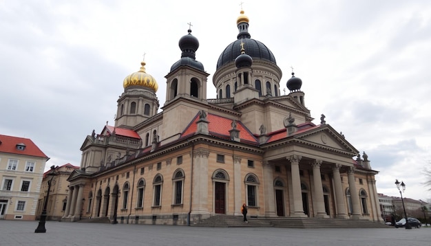 Photo a church with a red roof and a gold dome on the top