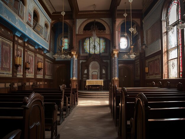 A church with a stained glass window and a stained glass window