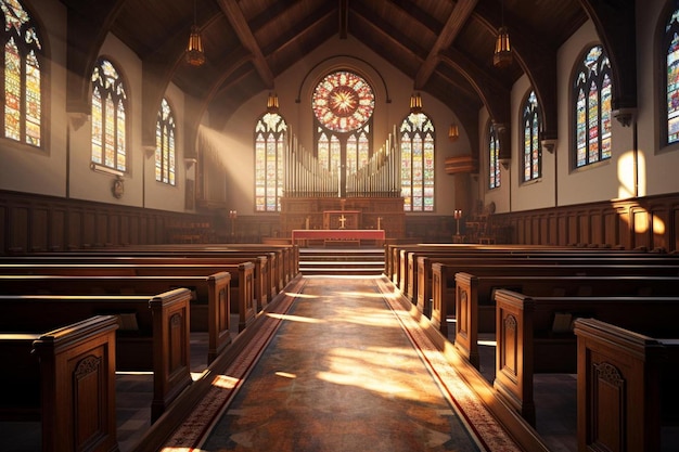 a church with a stained glass window and a sunlit window.