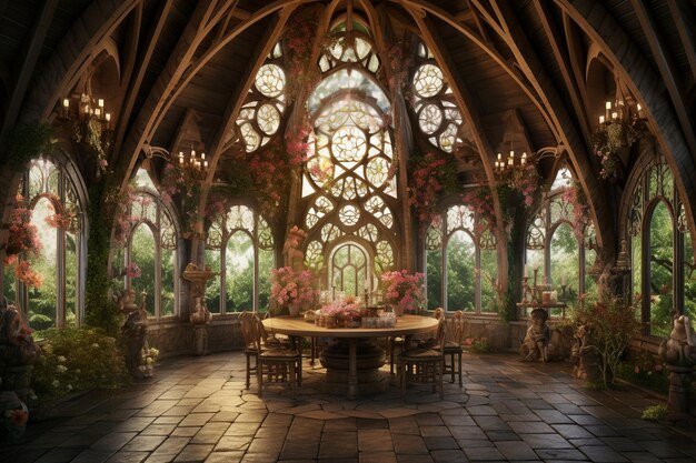 Photo a church with a stained glass window and a table with flowers on it