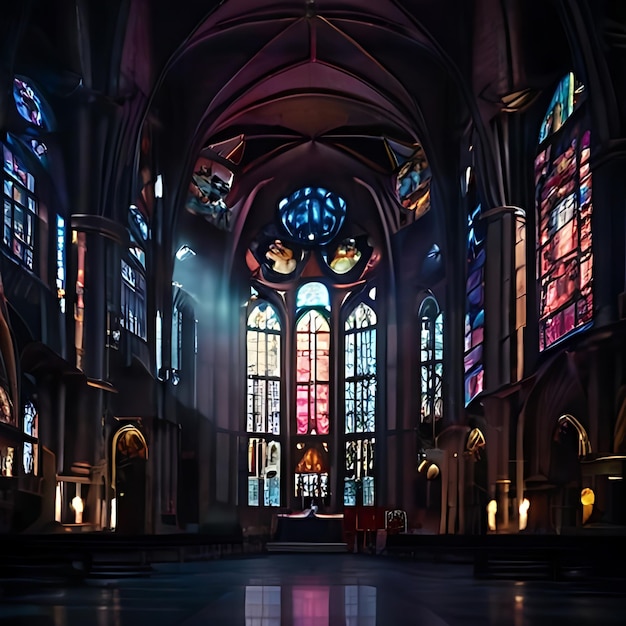 A church with stained glass windows and a stained glass window