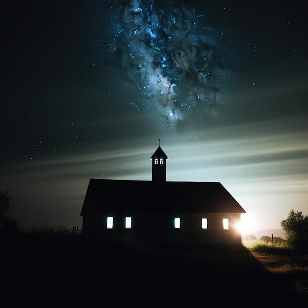 Church with a sunset and space view above it