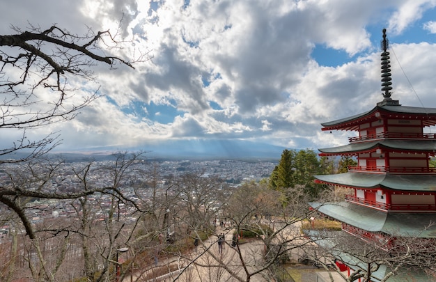 Chureito Pagoda and Mt. Fuji and cloudy blue sky