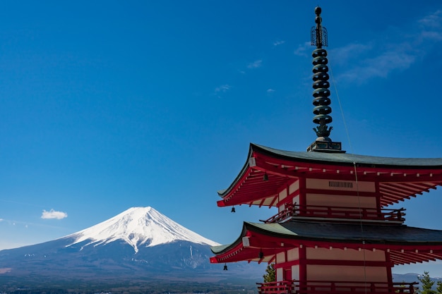 Chureito Pagoda and Mt. Fuji in the spring time with cherry blossoms at Fujiyoshida, Japan.