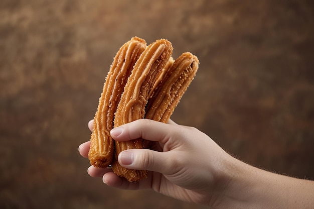 Photo churro sticks in hand churros pastry fried spanish dessert churro sticks closeup copy space