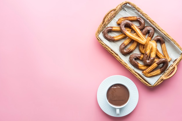 Churros with chocolat typical  sweet breakfast