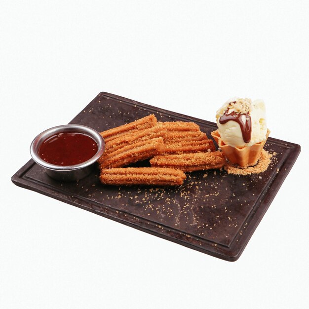 Churros with sugar dipped with chocolate sauce