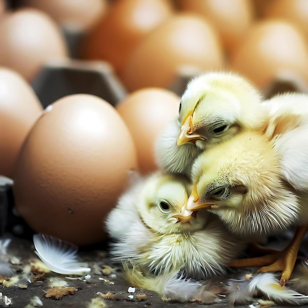 Chute newborn chicks next to eggs Generative AI