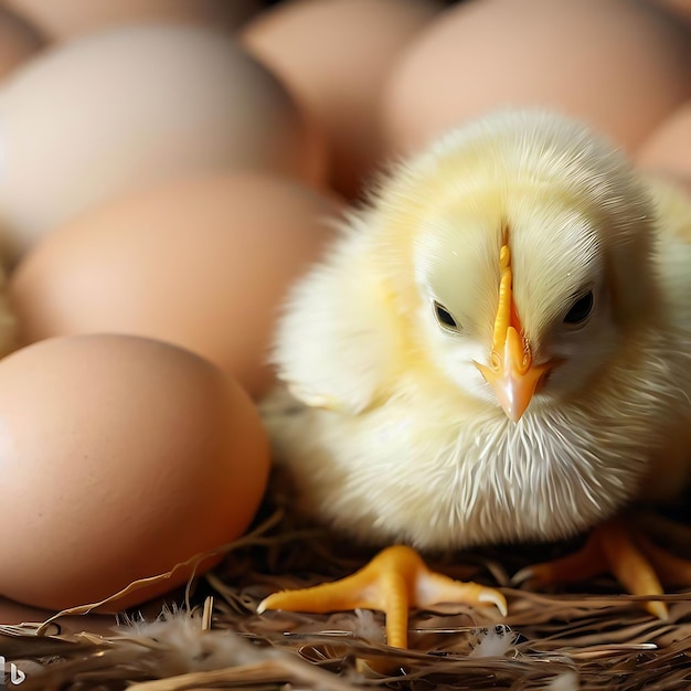 Chute newborn chicks next to eggs Generative AI