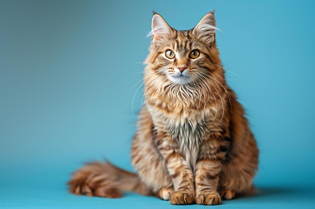 Chyris cat sitting on the blue background and looking at the camera