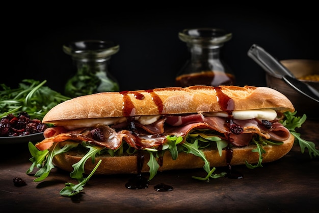 A ciabatta sandwich with prosciutto arugula and balsamic glaze