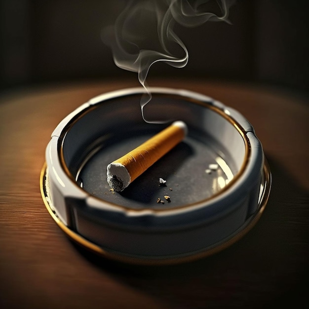 A cigarette in an ashtray with smoke coming out of it.