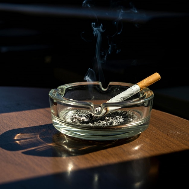 a cigarette in a glass ashtray with a cigarette in it