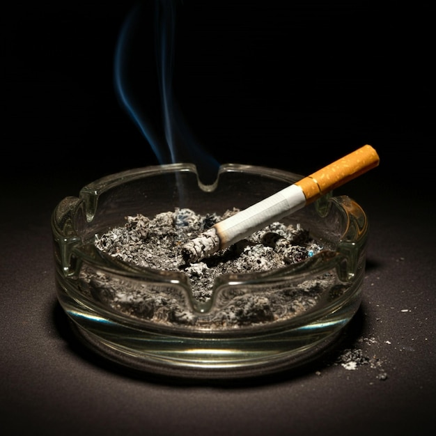 Photo a cigarette in a glass ashtray with smoke coming out of it