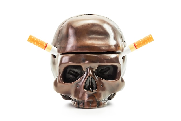 Cigarette in human skull ashtray