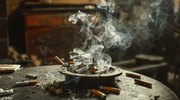 Cigarette smoke drifting upwards from an ashtray on a table surrounded by scattered cigarette butts and ashes