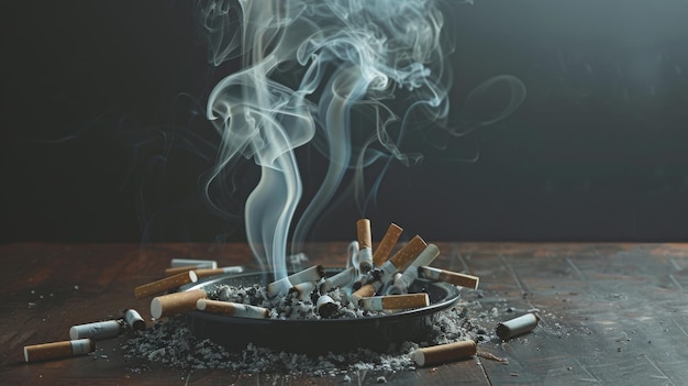 Cigarette smoke drifting upwards from an ashtray on a table surrounded by scattered cigarette butts and ashes