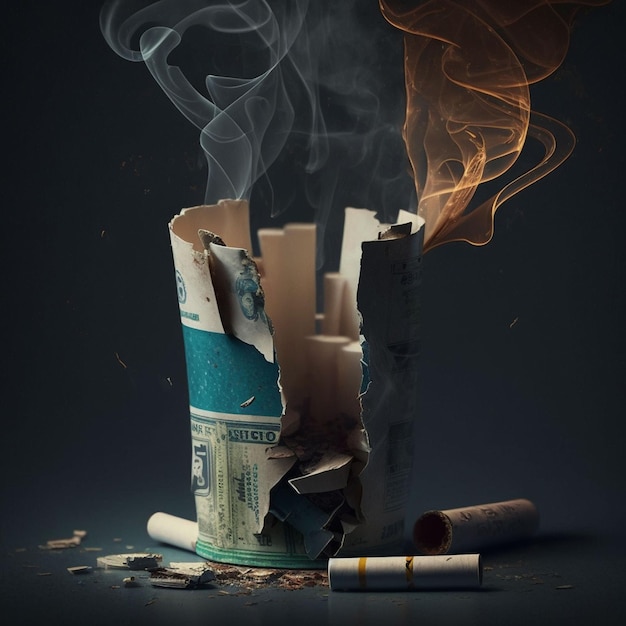 A cigarette that has been torn out and is surrounded by smoke and a cigarette.