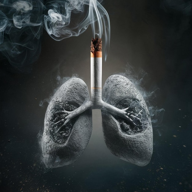 A cigarette vertically placed in a humanlike lung emitting smoke in a dark debrisfilled background