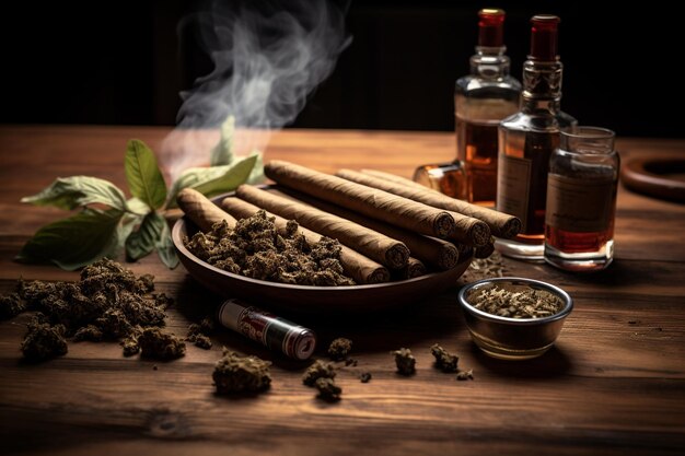 Cigars and Pipe on Wooden Table