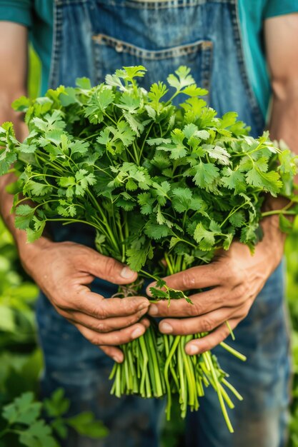 cilantro in the hands of a man selective focus