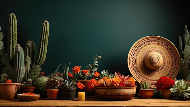 Cinco de Mayo background decorated with hats flowers and typical Mexican ornaments