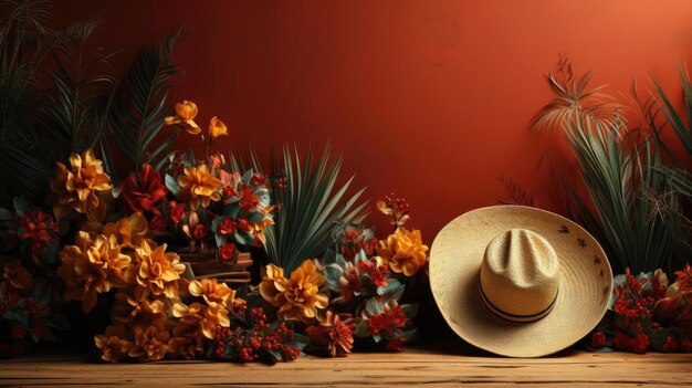 Cinco de Mayo background decorated with hats flowers and typical Mexican ornaments