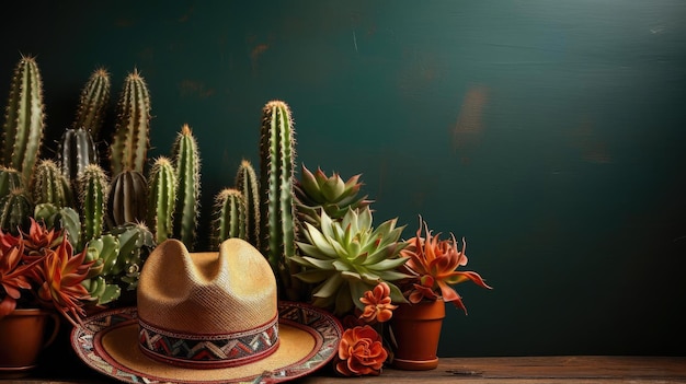 Cinco de Mayo background with hat ornaments and cactus plants for banners or posters